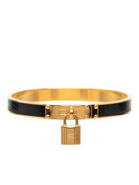 Hermes Kelly Bangle Cadena Motif Gold Black Plated Leather Bracelet